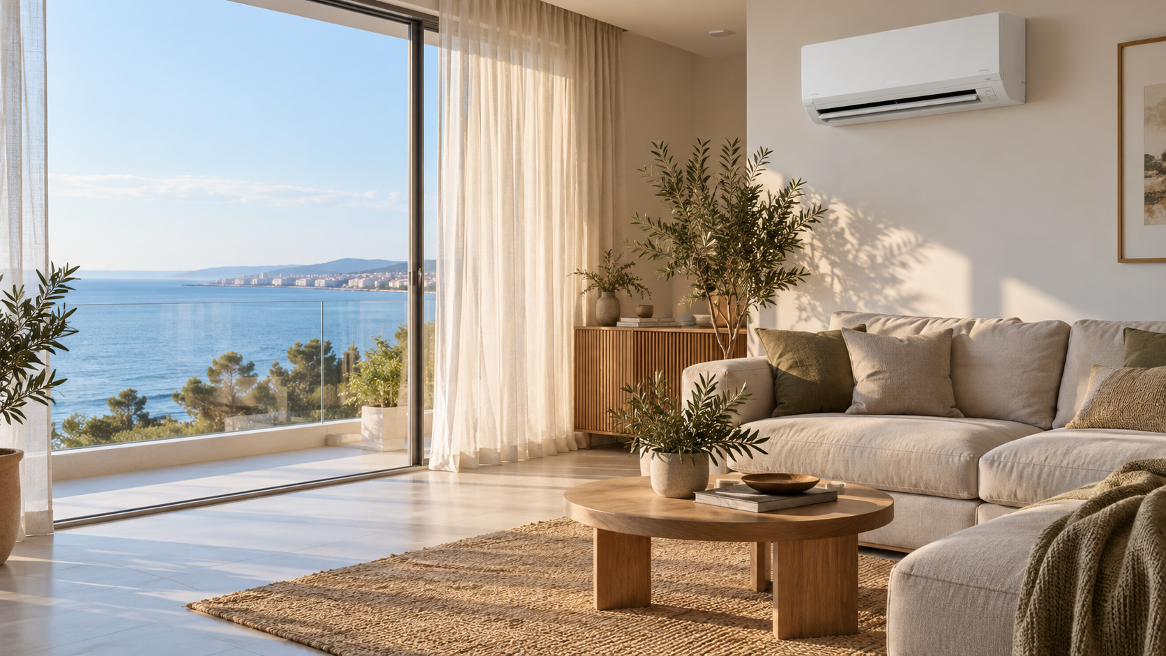 Helles Wohnzimmer mit Klimagerät und Blick auf die Küste